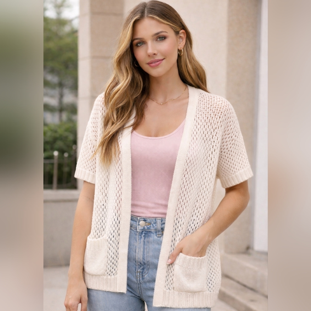 Crochet White Open-Knit Cardigan‎ Short Sleeve Pockets Small Cotton Like Womens